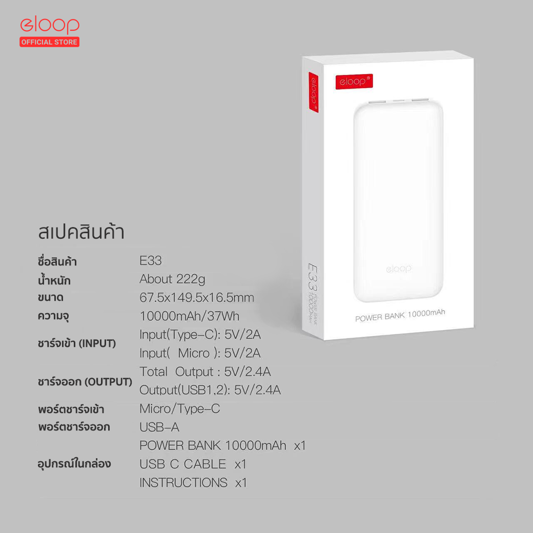 แพคสง 1 วน Eloop E33 แบตสำรอง 10000mAh ชารจเรว 2 4A 12W