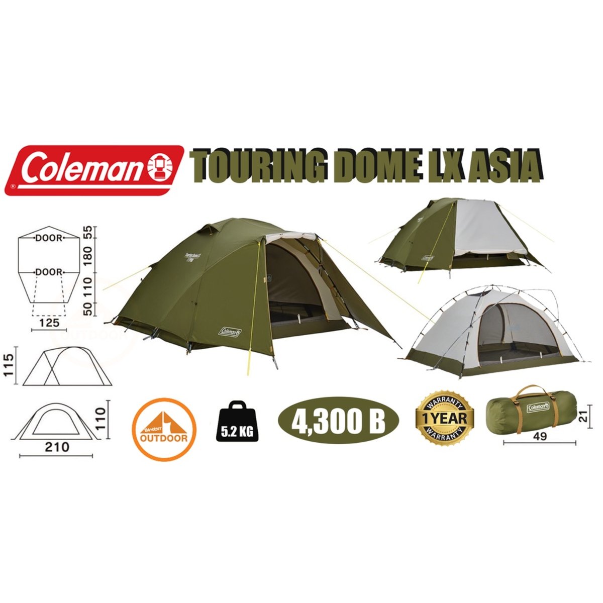 Coleman Touring Dome LX Asia เต๊นท์ขนาด 2-3 คน 5.2 Kg - NocNoc