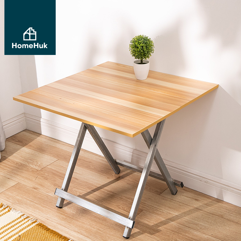 HomeHuk โต๊ะไม้พับได้ 60x60x53 CM (ไม่ต้องประกอบ) โครงเหล็กชุบโครเมียม ...