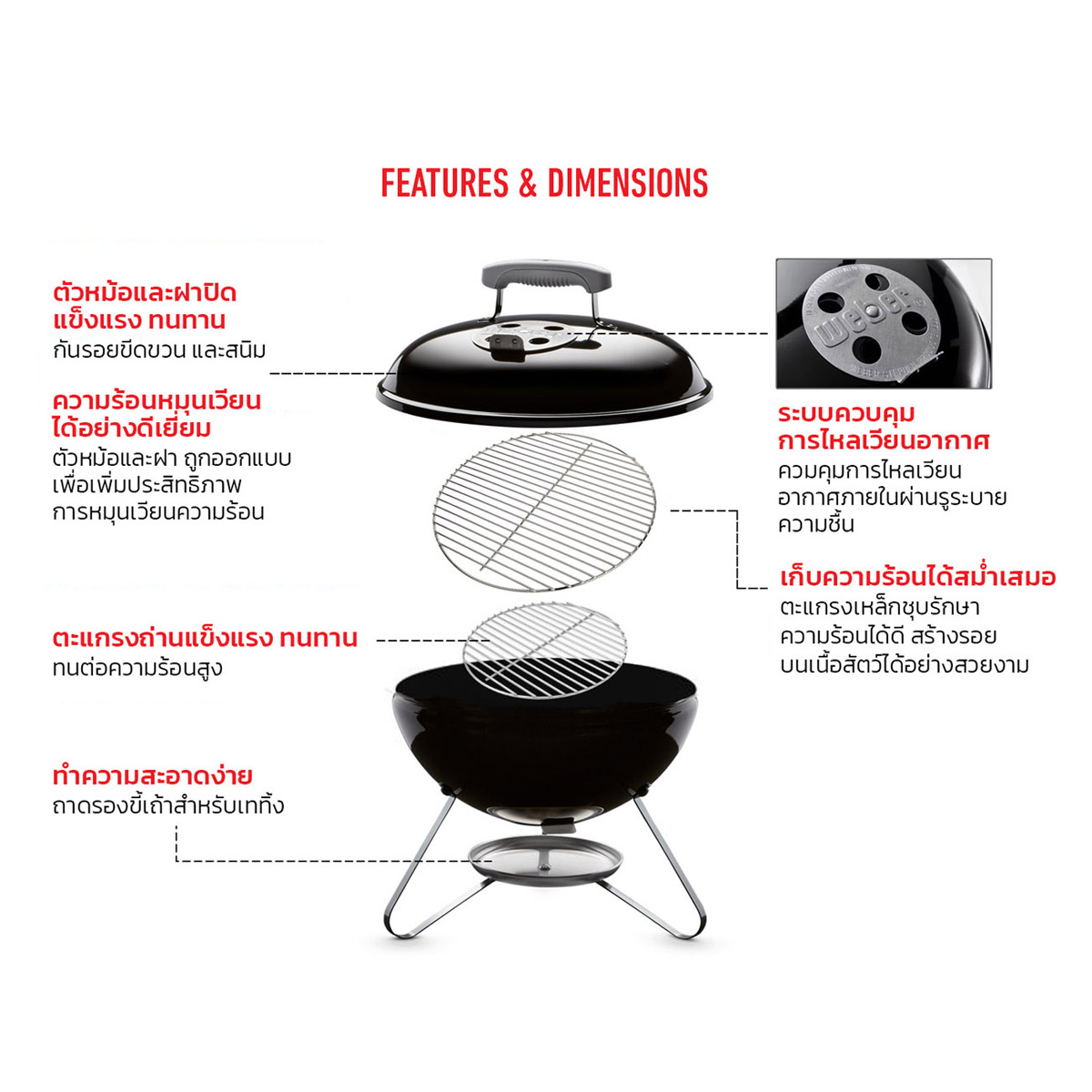 WEBER เตาถ่านบาร์บีคิว Smokey Joe Premium with Thermometer 37ซม. สีดำ