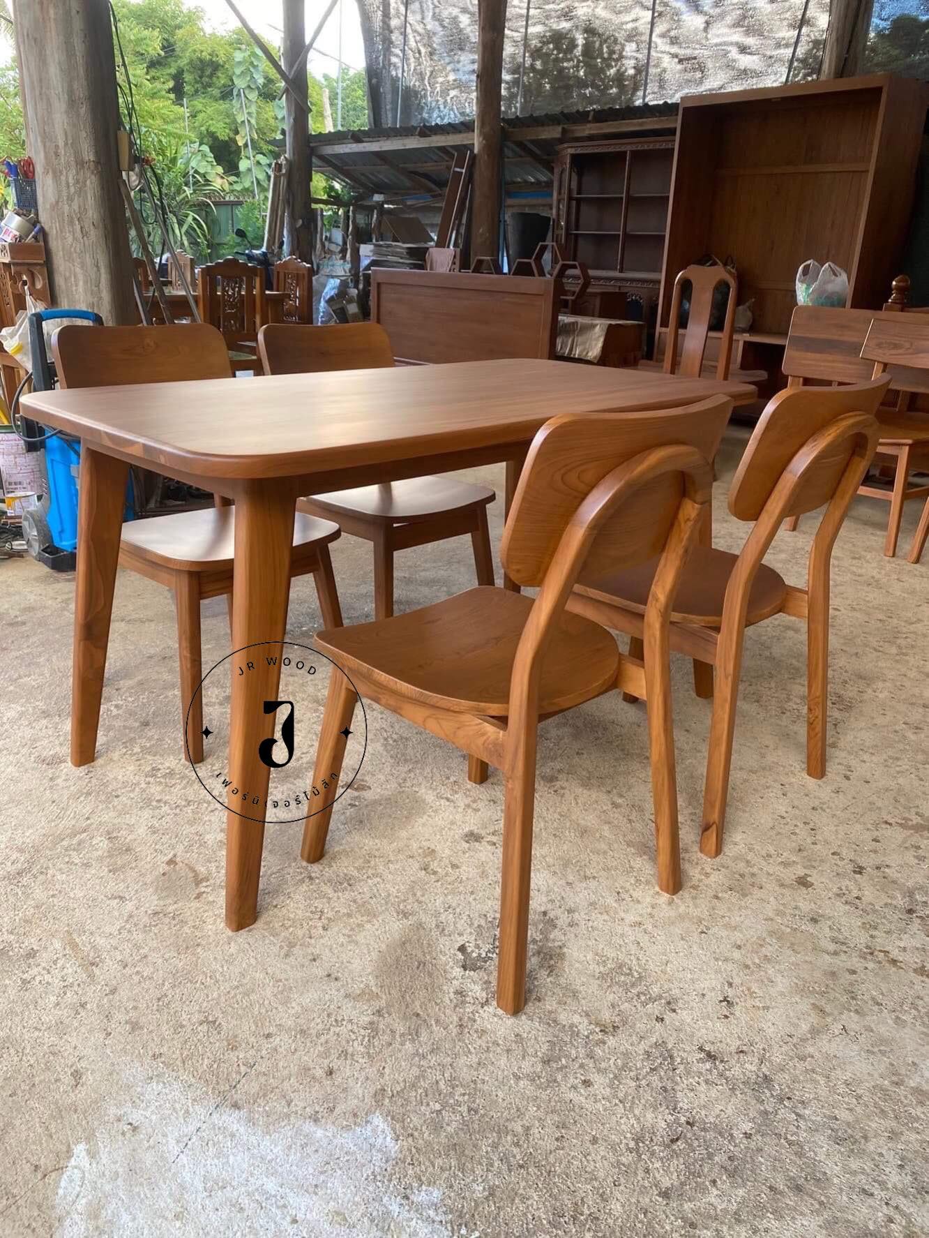 JR Furniture ชุดโต๊ะมินิมอลไม้สัก สี Walnut ขนาด 80x120x75ซม. 4 ที่นั่ง